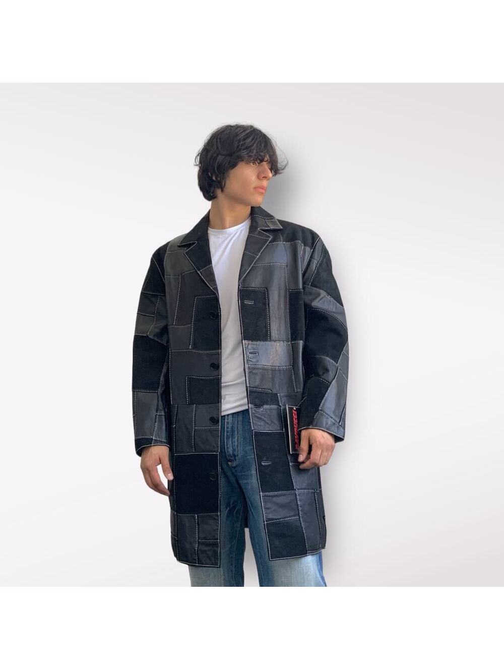 Men's Davoucci Black Patched 100% Genuine Leather Trench NWT